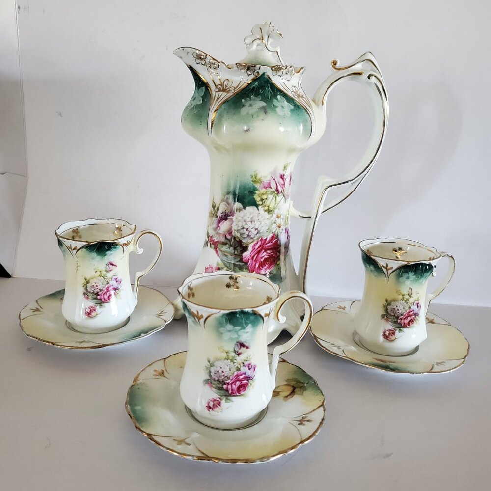 R S Prussia Red Mark Antique hand painted Floral Chocolate Set
